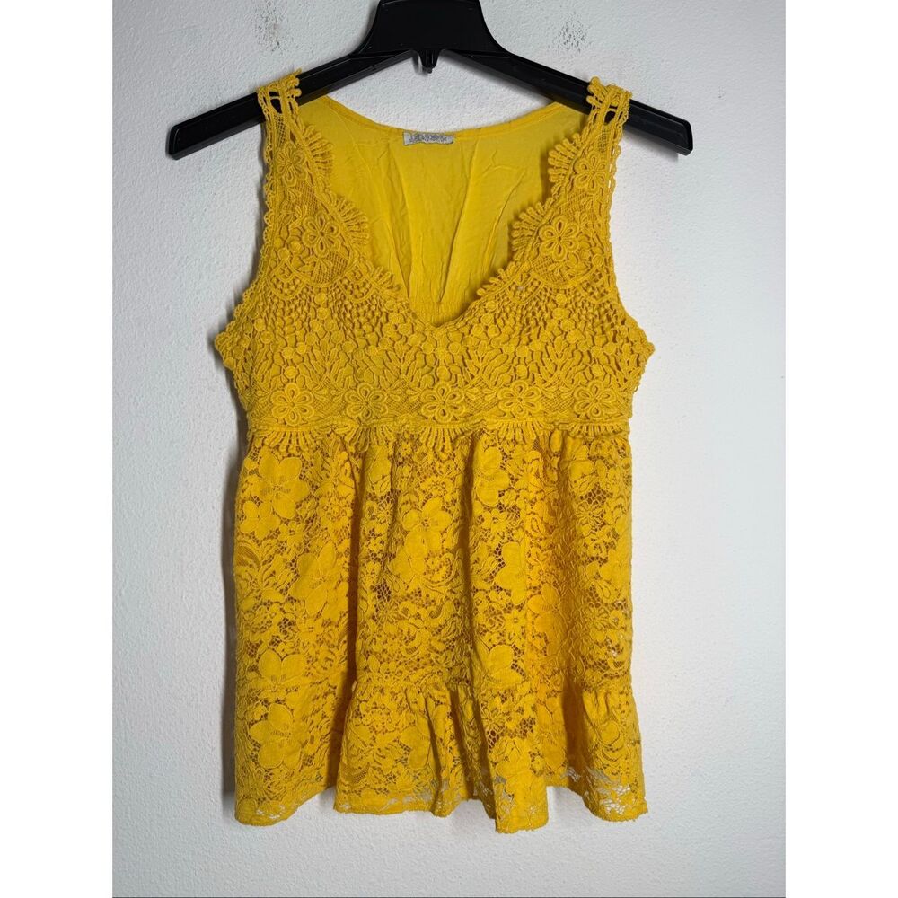 Luxury Boutique Mustard Yellow Lace Peplum Boho Top Women’s Size M See Notes - Picture 2 of 8